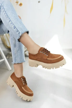 کفش loafer زنانه با بند عرقی از جیر قهوه‌ای تیره - 7618