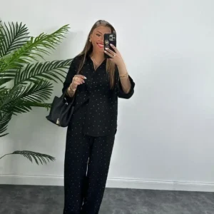 ست لباس زنانه از پارچه کتان با تزئینات سنگی - 8224