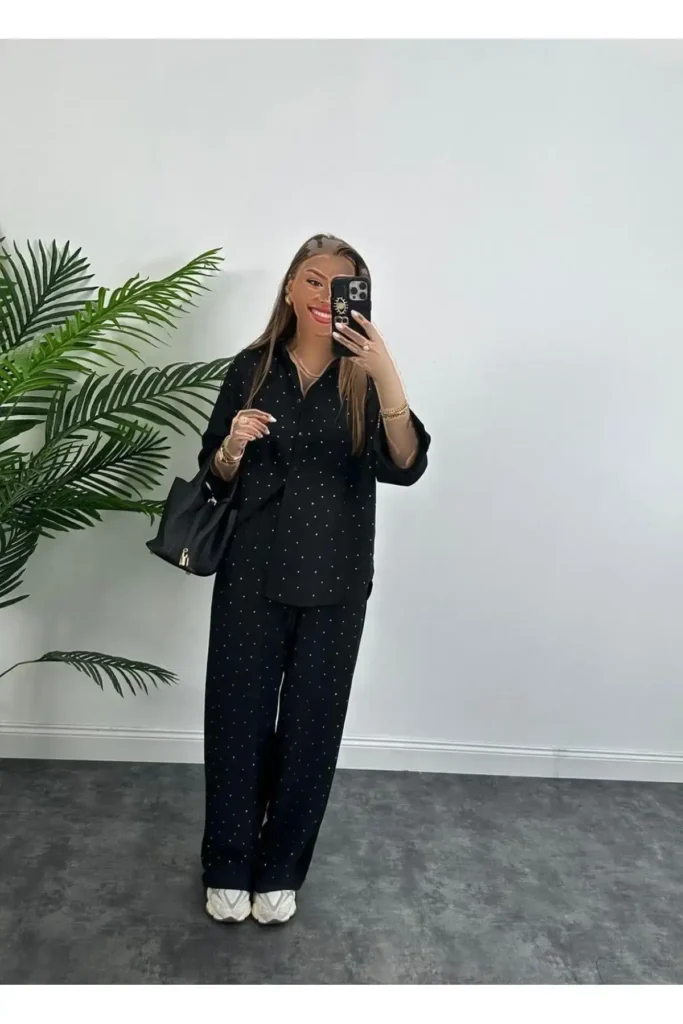 ست لباس زنانه از پارچه کتان با تزئینات سنگی - 8224