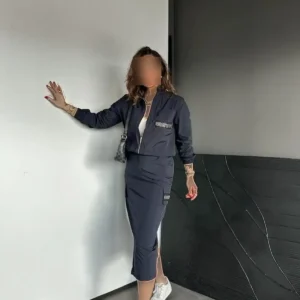ست دامن دار باتزئینات مروارید آبی تیره - 8225
