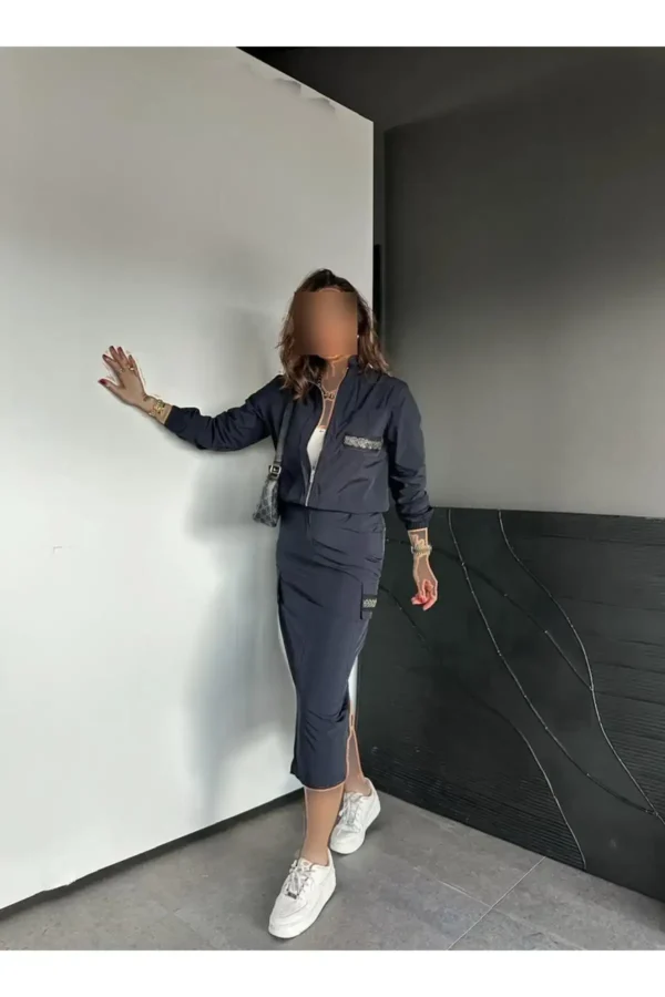 ست دامن دار باتزئینات مروارید آبی تیره - 8225