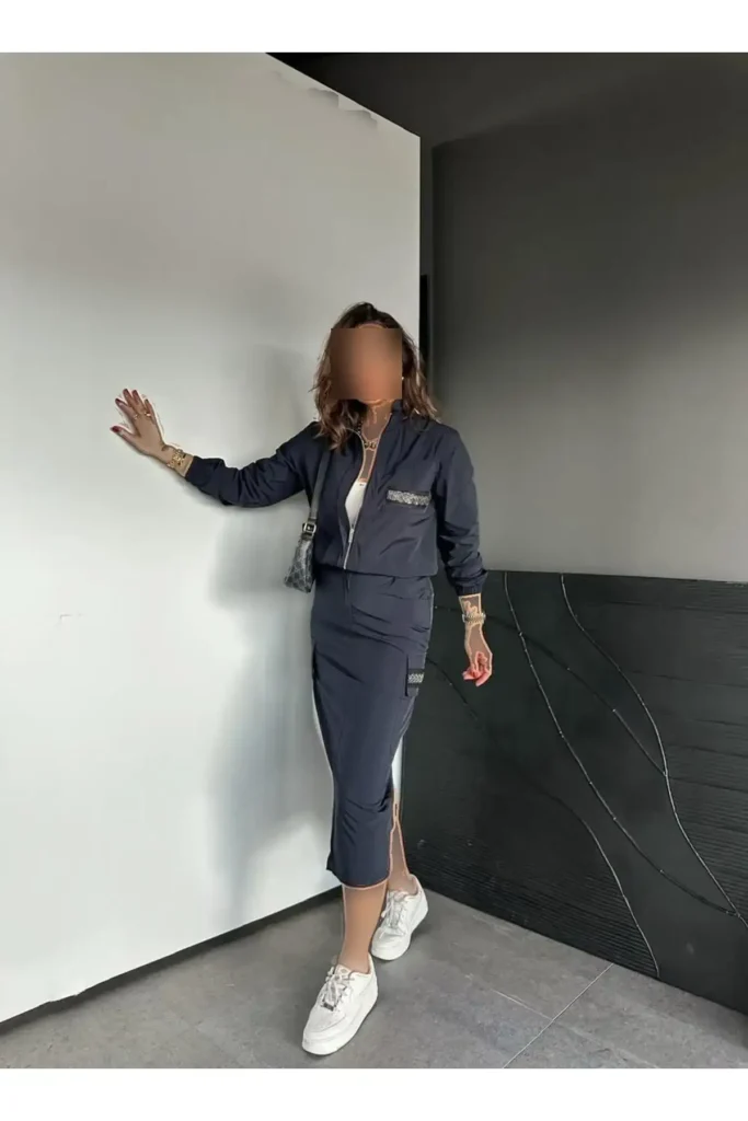 ست دامن دار باتزئینات مروارید آبی تیره - 8225