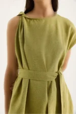 ست کتان بالا و پایین با جزئیات گره‌ای روی شانه زنانه 9369 60281075 - 8184