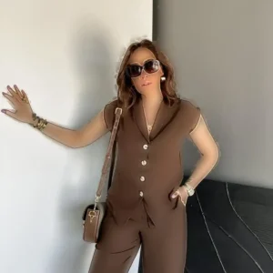 ست کتانی با لبه قهوه‌ای - 8191