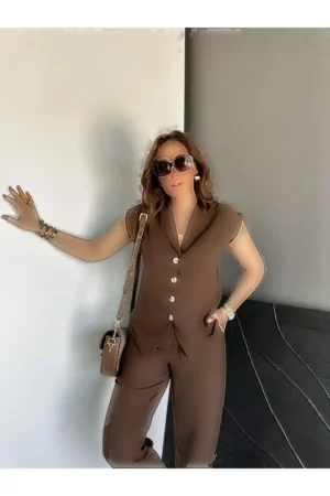 ست کتانی با لبه قهوه‌ای - 8191