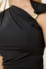 بلوز بافتنی انعطاف‌پذیر زنانه مشکی با گلدوزی طلایی AN00241 - 7818