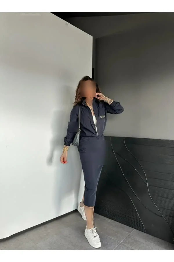 ست دامن دار باتزئینات مروارید آبی تیره - 8225