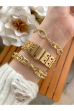 ست ساعت مچی زنانه با بدنه فلزی رنگ طلایی و دستبند ترکیبی - 7635