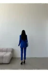 ساکس کت بلیزر آبی دکمه‌دار و شلوار کشی زنانه - 7542