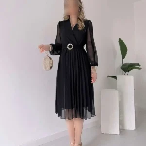 دوره جدید لباس میدی شنل‌دار زنانه با یقه کراواس و کمربند دار از تور شفاف - 7836
