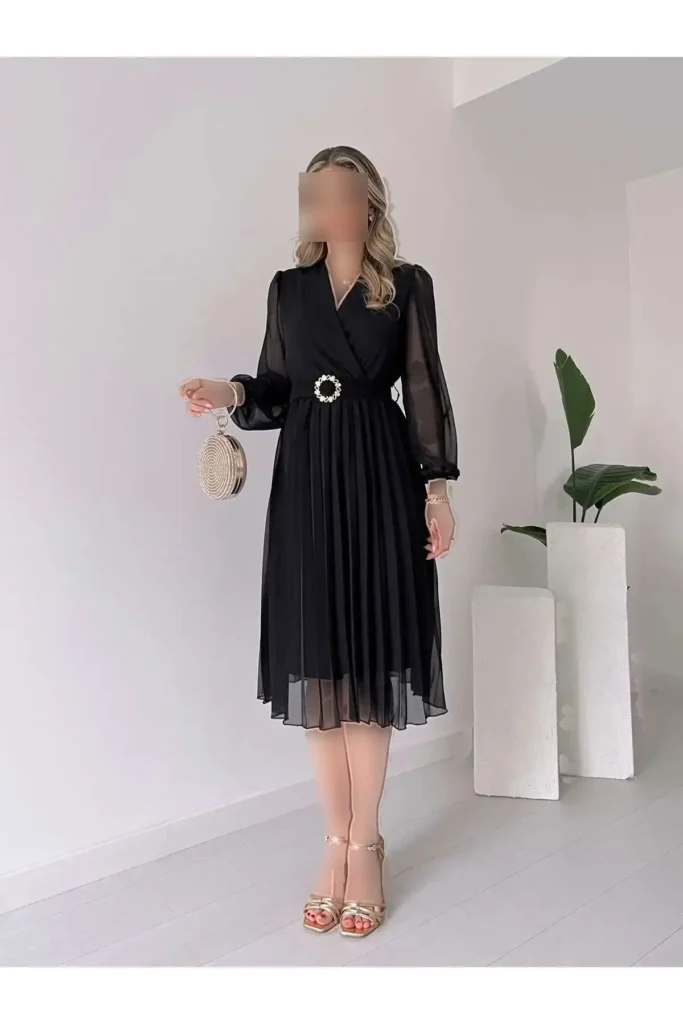 دوره جدید لباس میدی شنل‌دار زنانه با یقه کراواس و کمربند دار از تور شفاف - 7836