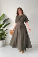پیراهن با بافت کُرساجی به رنگ خاکی - 7748