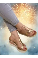 کفش صندل روزمره زنانه با پلت فرم و بند، رنگ صورتی پودری، مناسب برای تابستان - 7606