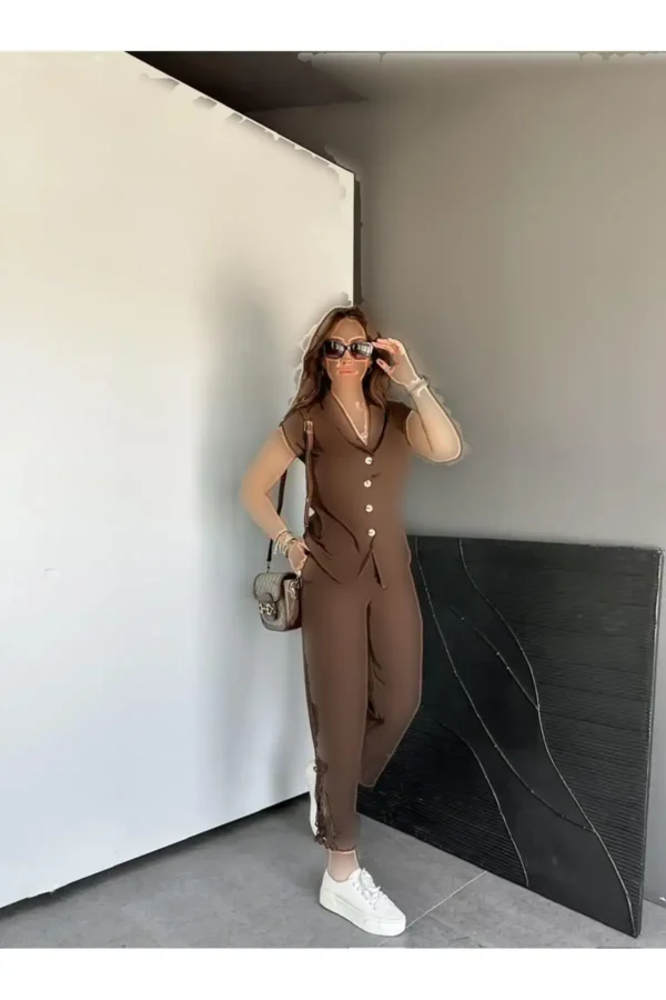 ست کتانی با لبه قهوه‌ای - 8191