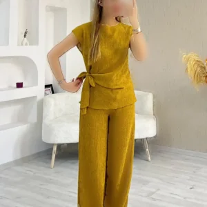 ست بلوز و شلوار از پارچه کرینکل با جزئیات بند دار زنانه سیانا - 8190