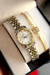 ساعت مچی زنانه رنگ طلایی ۱۰۰٪ اصل همراه با دستبند هدیه برای عروسی و نامزدی - 7647