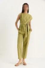 ست کتان بالا و پایین با جزئیات گره‌ای روی شانه زنانه 9369 60281075 - 8184
