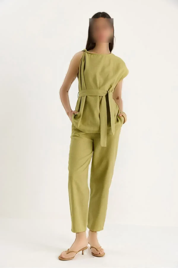 ست کتان بالا و پایین با جزئیات گره‌ای روی شانه زنانه 9369 60281075 - 8184