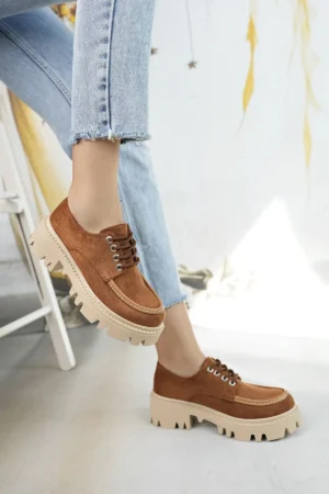کفش loafer زنانه با بند عرقی از جیر قهوه‌ای تیره - 7618