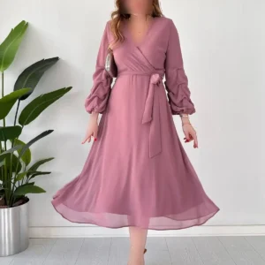 دستdress شيفون ميدي با رنگ پودری - 7754