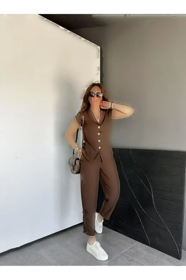ست کتانی با لبه قهوه‌ای - 8191