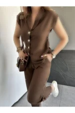 ست کتانی با لبه قهوه‌ای - 8191