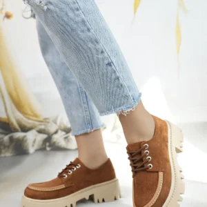 کفش loafer زنانه با بند عرقی از جیر قهوه‌ای تیره - 7618