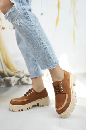 کفش loafer زنانه با بند عرقی از جیر قهوه‌ای تیره - 7618