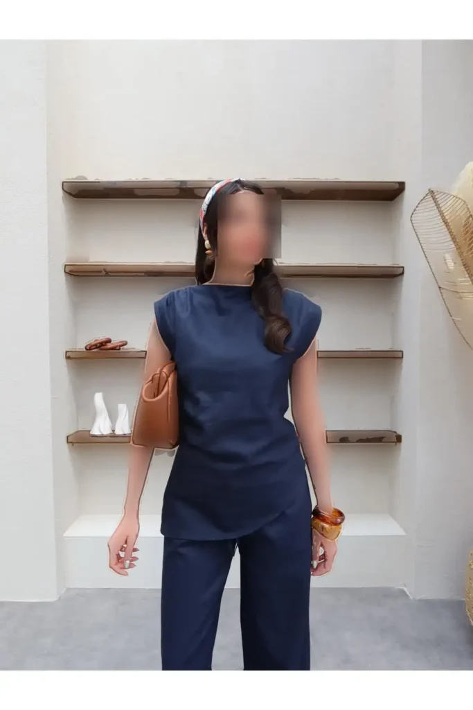 ست بلوز و شلوار کتان نامتقارن - 8209