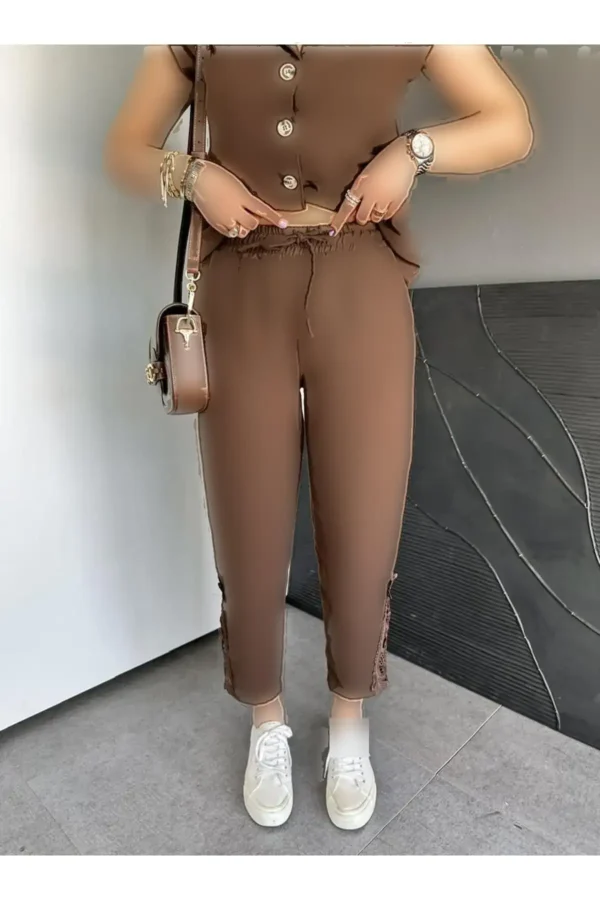 ست کتانی با لبه قهوه‌ای - 8191