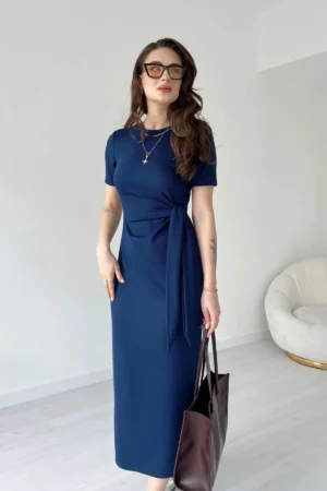 پیراهن مدل دار باغما برای خانم‌ها با جزئیات گره‌ای و برش کناری از پارچه مُدال رنگ سرمه‌ای - 8126