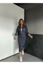ست دامن دار باتزئینات مروارید آبی تیره - 8225