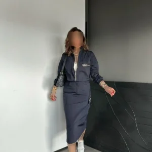 ست دامن دار باتزئینات مروارید آبی تیره - 8225