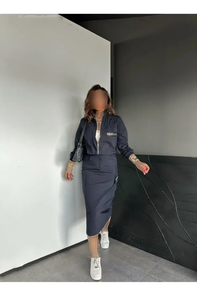 ست دامن دار باتزئینات مروارید آبی تیره - 8225