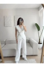 ست شلوار و بلوز کراواتی - سفید - 8212