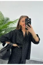 ست لباس زنانه از پارچه کتان با تزئینات سنگی - 8224