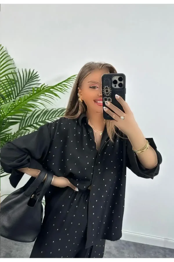 ست لباس زنانه از پارچه کتان با تزئینات سنگی - 8224