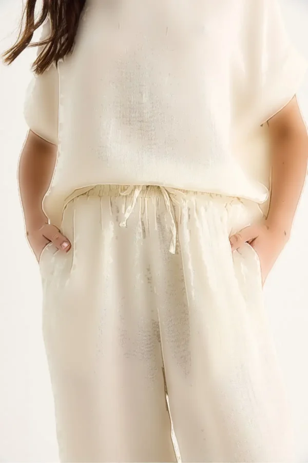 بلوز نیم‌کال کتان زنانه با شلوار راحتی - ست بالا و پایین 9360 60281073 - 8173