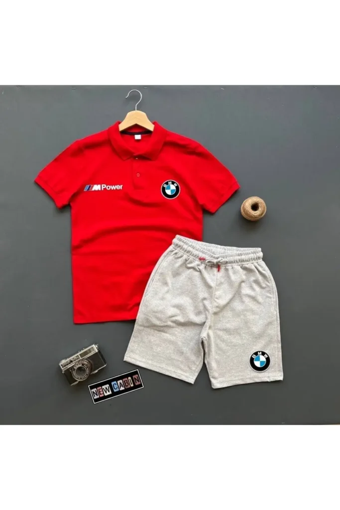 تیشرت یقه پولویی با طرح BMW برای فصل جدید - ست شورت و تیشرت ۲ تکه - 8164