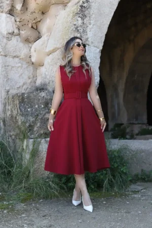 پیراهن کمردار bordo aller detay - 8141