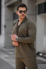 ست لباس مردانه کریستالی و راحتی (کتان) - ترکیب پیراهن و شلوار - 7957