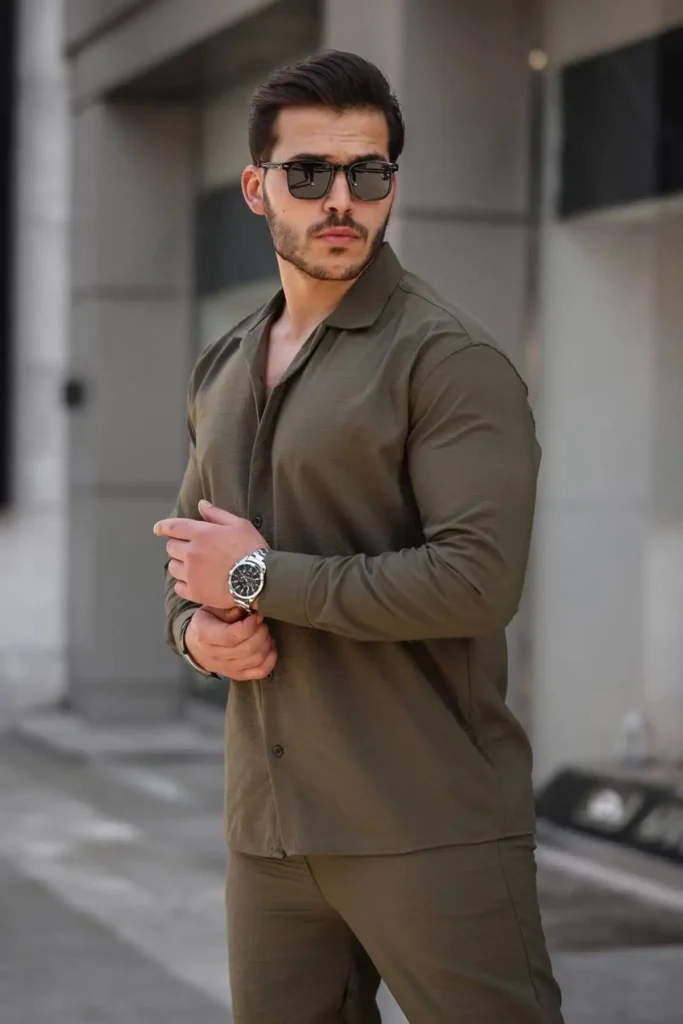 ست لباس مردانه کریستالی و راحتی (کتان) - ترکیب پیراهن و شلوار - 7957