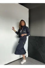 ست دامن دار باتزئینات مروارید آبی تیره - 8225