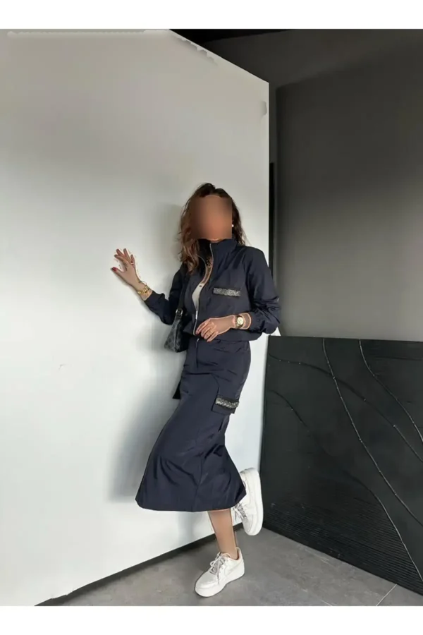 ست دامن دار باتزئینات مروارید آبی تیره - 8225