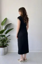 پیراهن مشکی با کمربند چین‌دار - 7749