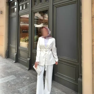 ست شامل کت بلیزر با کمربند و شلوار گشاد - 7533