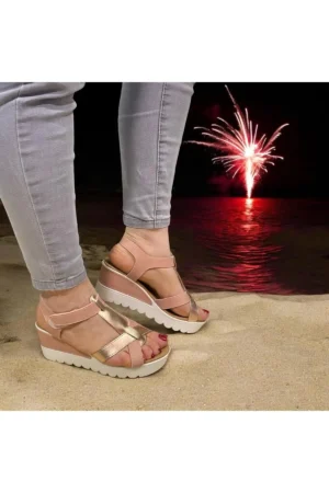 کفش صندل روزمره زنانه با پلت فرم و بند، رنگ صورتی پودری، مناسب برای تابستان - 7606