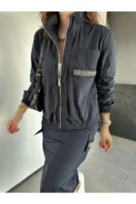 ست دامن دار باتزئینات مروارید آبی تیره - 8225