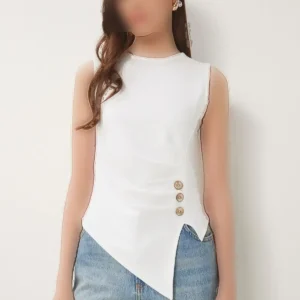 بلوز با برش غیرمتقارن و جمع شونده با دکمه، رنگ استخوانی - KEMİK LFW0006 - 7819