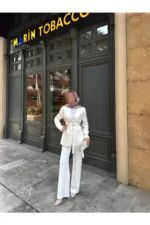 ست شامل کت بلیزر با کمربند و شلوار گشاد - 7533